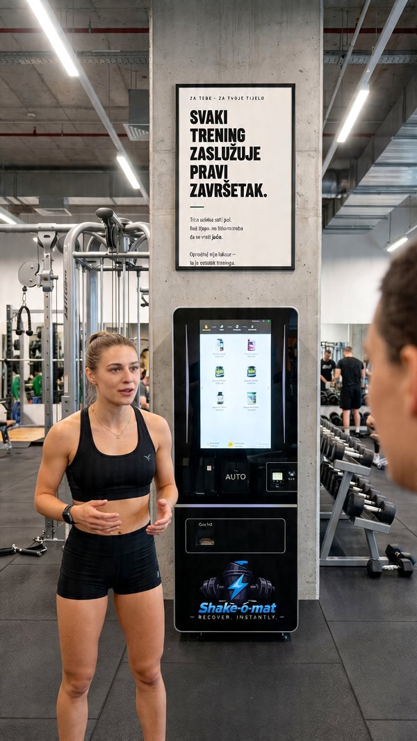 Sportašica pored Shake-o-mat aparata u teretani — Svaki trening zaslužuje pravi završetak
