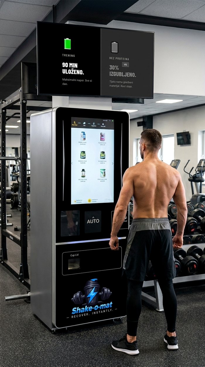 Shake-o-mat aparat u teretani — branded sa Shake-o-mat logom, korisnik bira formulu na ekranu